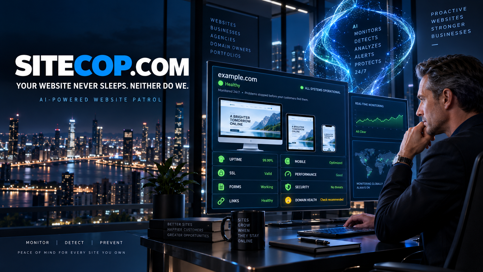 SiteCop.com. Your website never sleeps. Neither do we. A customer views an illustrative website-patrol dashboard.